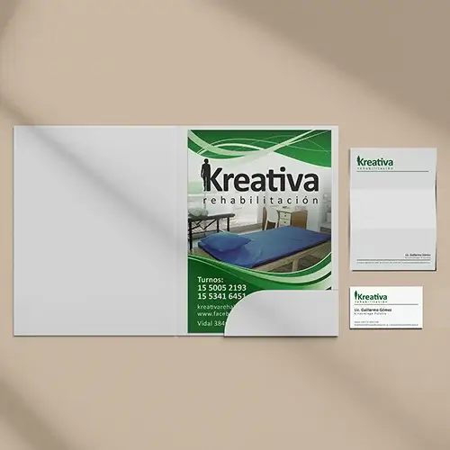 Flyer, tarjeta y recetario Kreativa rehabilitación
